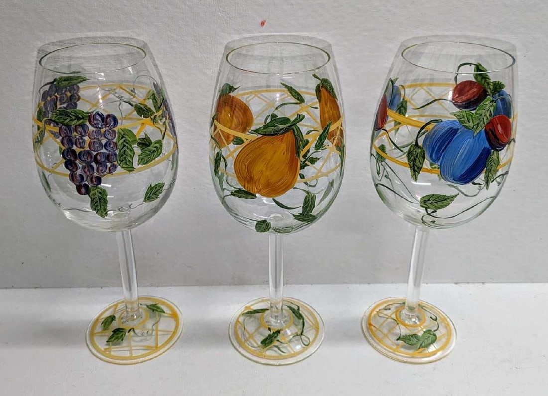 3 Hand Painted Wine Glasses With Fruit Designs D: 3 Hand Painted Wine Glasses With Fruit Designs D. The maker and date of creation is unknown. Each glass is approx 3 1/2" x 3 1/2" x 8 3/4" and the total weight is 1.10lbs. Hand wash only.