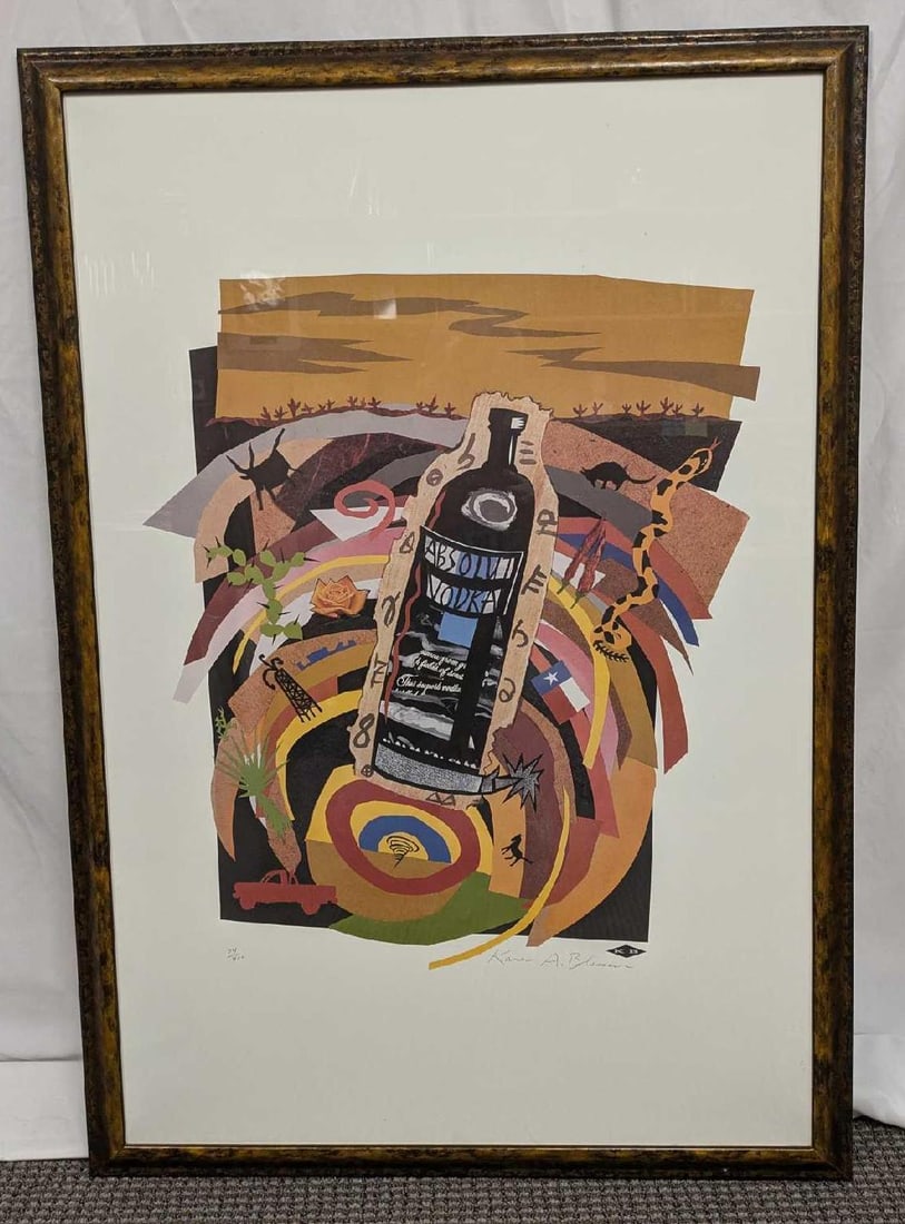 Framed Karen Blessen Absolut Texas S&N Print: Framed Karen Blessen Absolut Texas S&N Print. This is #74 out of #400. The framed print is approx 28 3/4" x 1" x 41" and it weighs 9.30lbs. The frame has some light signs of wear. 