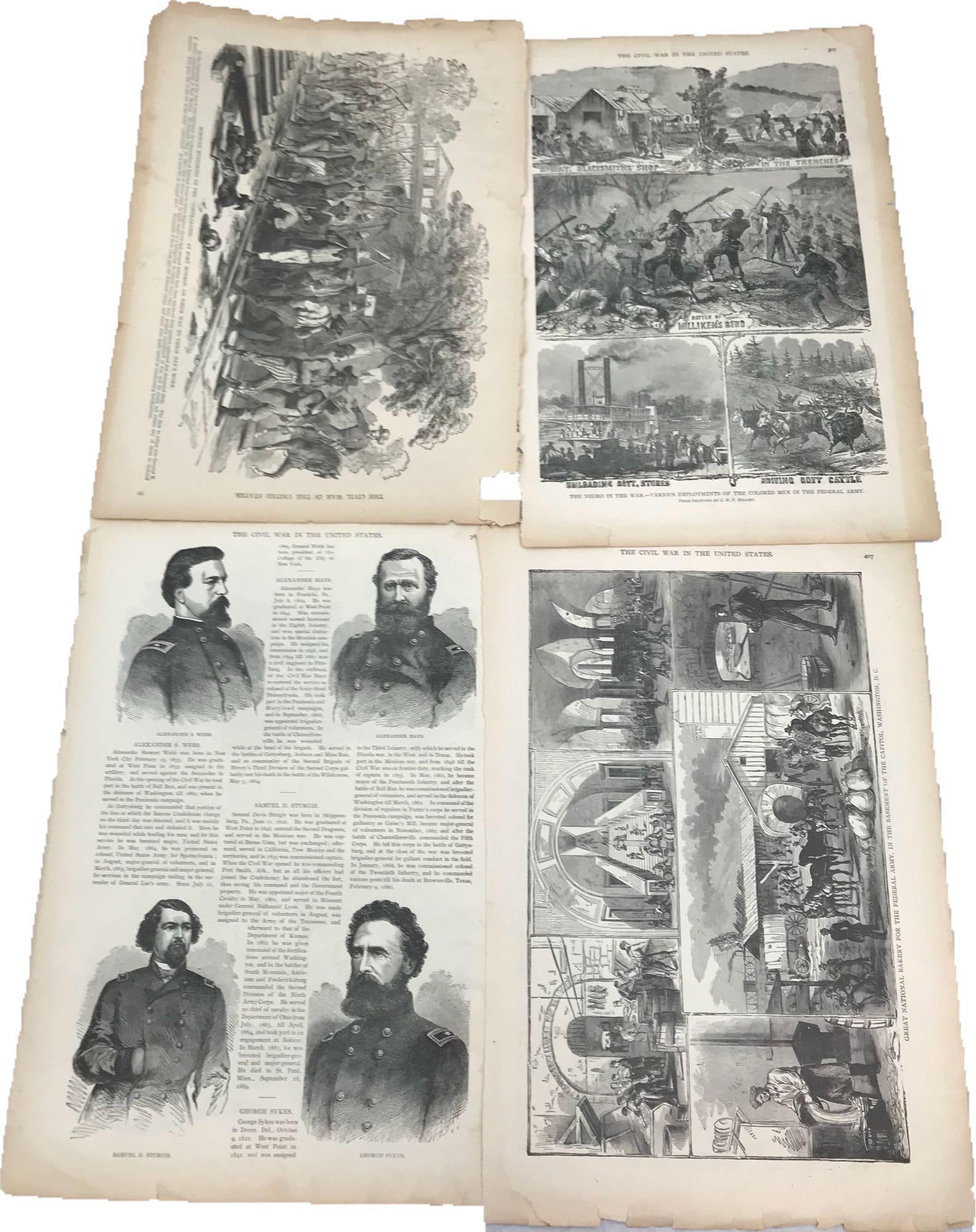 4 - Two Sided Pages of Illustrations from the Book, Illustrated Famous Leaders and of the Civil War: 4 - Two Sided Pages of Illustrations from the Book, Illustrated Famous Leaders and of the Civil War, 1896; this lot includes 4 oversize sheets with illustrations on both sides. 1) pgs. 59/60 showing