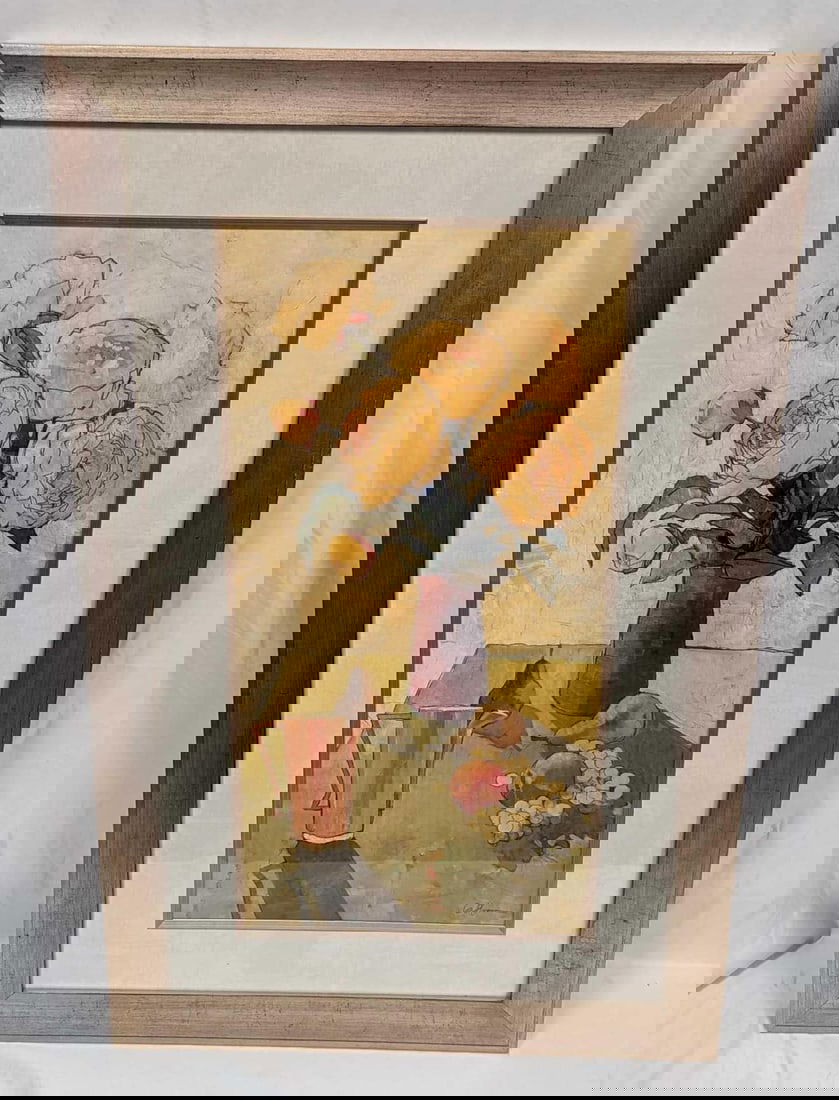 Framed Gabriela Ibarra Butter Peonies Print: Framed Gabriela Ibarra Butter Peonies Print. The framed print is approx 27 1/2" x 3/4" x 43 1/2" and it weighs 14.50 lbs. The frame has some chips and scratches and some rips on the backing paper.