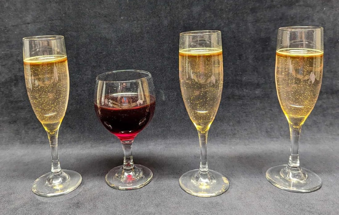 4 Vintage Red Champagne Wine Glass Bottles Prop: 3 Vintage Red White Champagne Glass Bottles Prop. Glasses look like they have wine inside, but these are just props. Makes fun decorations, home staging, photo props, and more. Flip the bottles over a