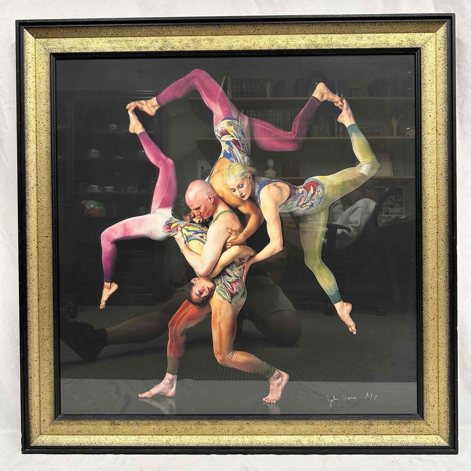 John Kane Atlas Shrugged Artist Proof Limited Edition Giclee Print: Limited edition giclee print titled Atlas Shrugged by John Kane. This striking composition features four acrobats captured in a powerful, gravity-defying pose, rendered in bold colors with remarkable