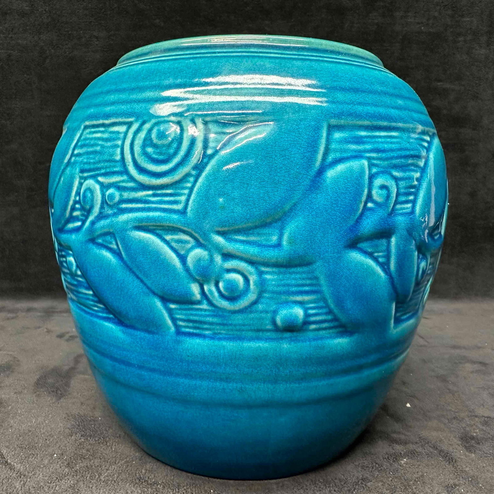 Cowan Pottery Egyptian Blue Vase Paul Bogatay Design Art Deco: A striking Cowan Pottery vase in the desirable Egyptian Blue glaze, model V-61, attributed to Art Deco artist and designer Paul Bogatay (1905–1972). The design features a continuous vine motif with