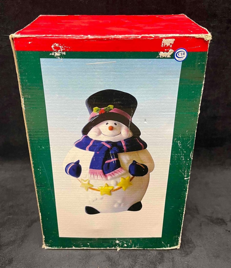 Vintage Ceramic Snowman Cookie Jar In Box - 11