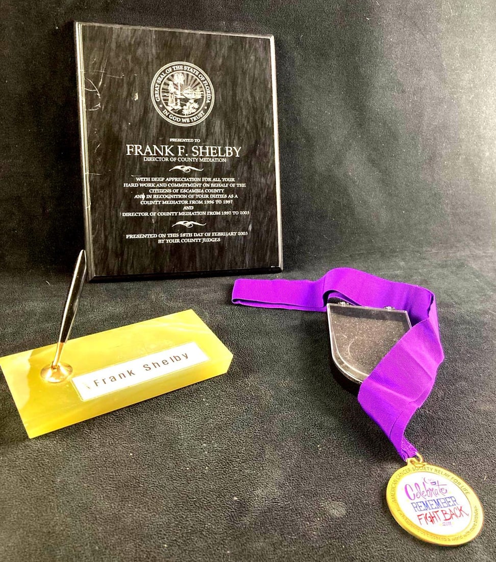 American Cancer Society Relay For Life Medal, Plaque, And Pen Holder: This lot includes: (1) American Cancer Society Relay for Life Medallion (1) Plaque for Frank Shelby (1) Pen Holder Condition is used and see photographs for additional reference. These came