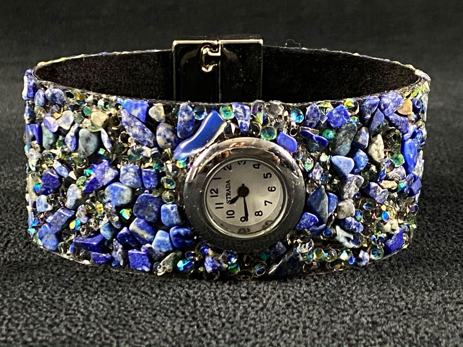 New STRADA Blue Stone Crystal Band Watch W/ Box & Papers: All pieces are tested and researched prior to listing . Please view all our pictures they are part of our description . Happy Bidding DETAILS: Material : Crystal - Leather - Stainless Maker :