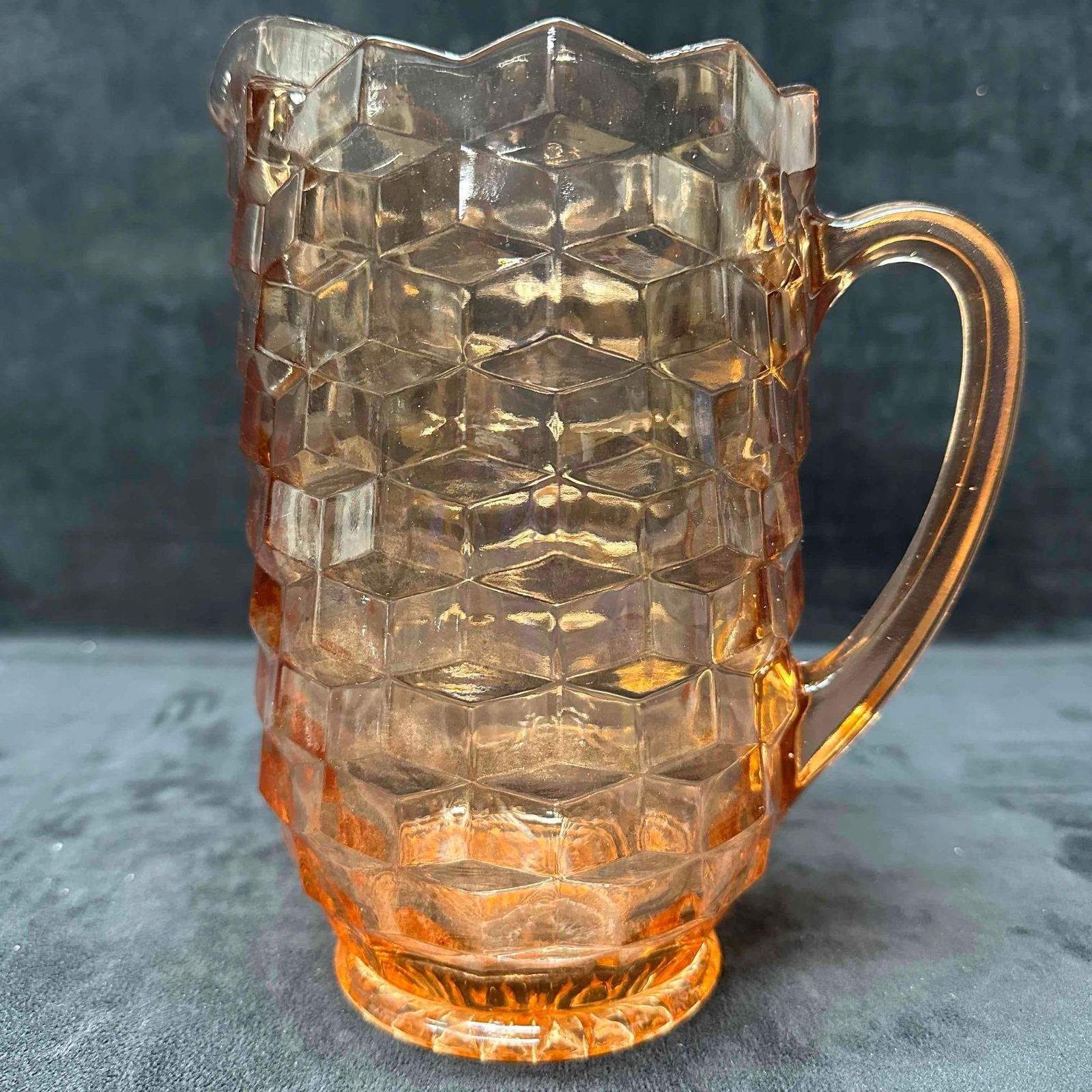 Indiana American White Hall Pink Peach Depression Cubist Glass Pitcher: No chips, cracks, or breaks in the glass. This item is in good pre-owned, previously displayed condition with light wear, and surface scratches. Please reference all photos for full details. 