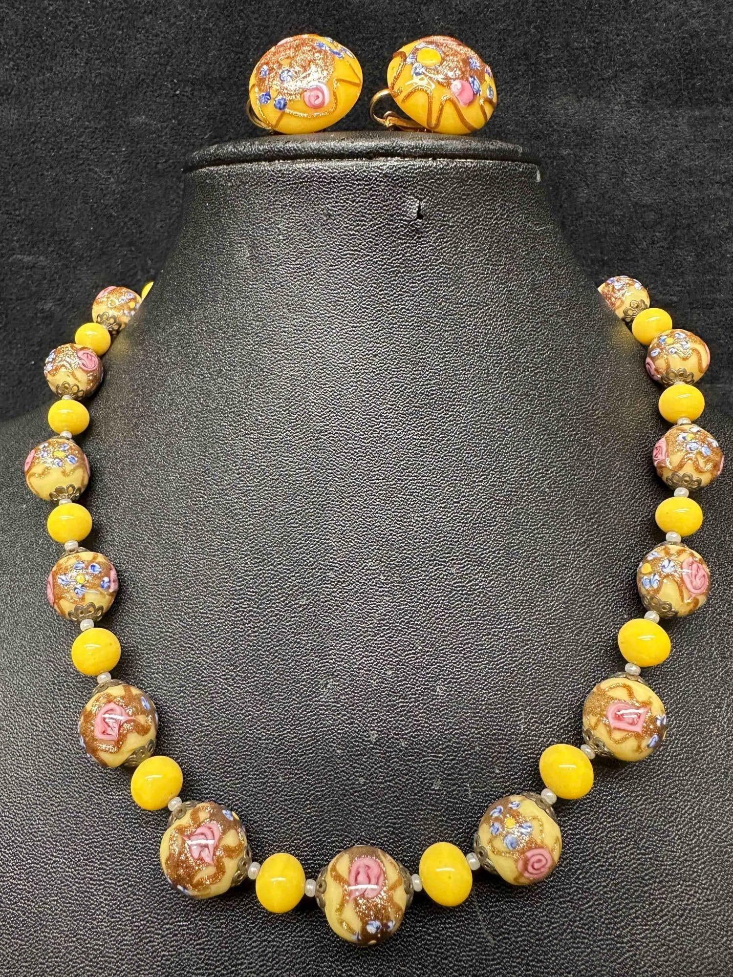 Murano Venetian Lamp Work Glass Yellow Copper Accents Beaded Floral Necklace and Earrings Set F11: Murano Venetian Lamp Work Glass Yellow Copper Accents Beaded Floral Necklace and Earrings Set F11. Necklace and earrings with yellow colored glass beads with beautiful hand painted floral designs on