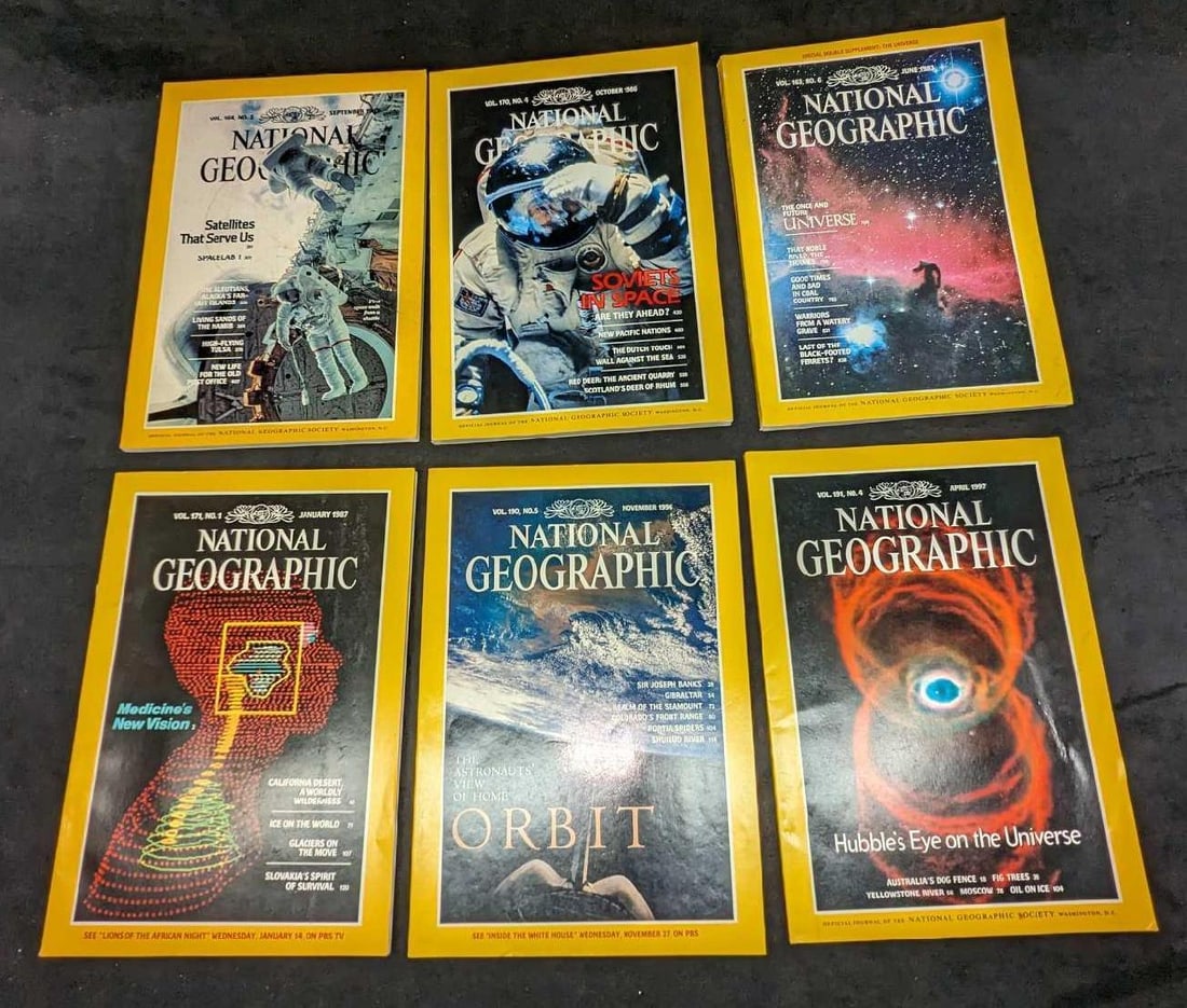 6 1980s 1990s National Geographic Magazines Z: 6 1980s 1990s National Geographic Magazines Z. This lot includes: (1) October 1986 - Soviets In Space.(1) June 1983 - The Once And Future Universe.(1) September 1983 - Satellites That Serve Us.(1)