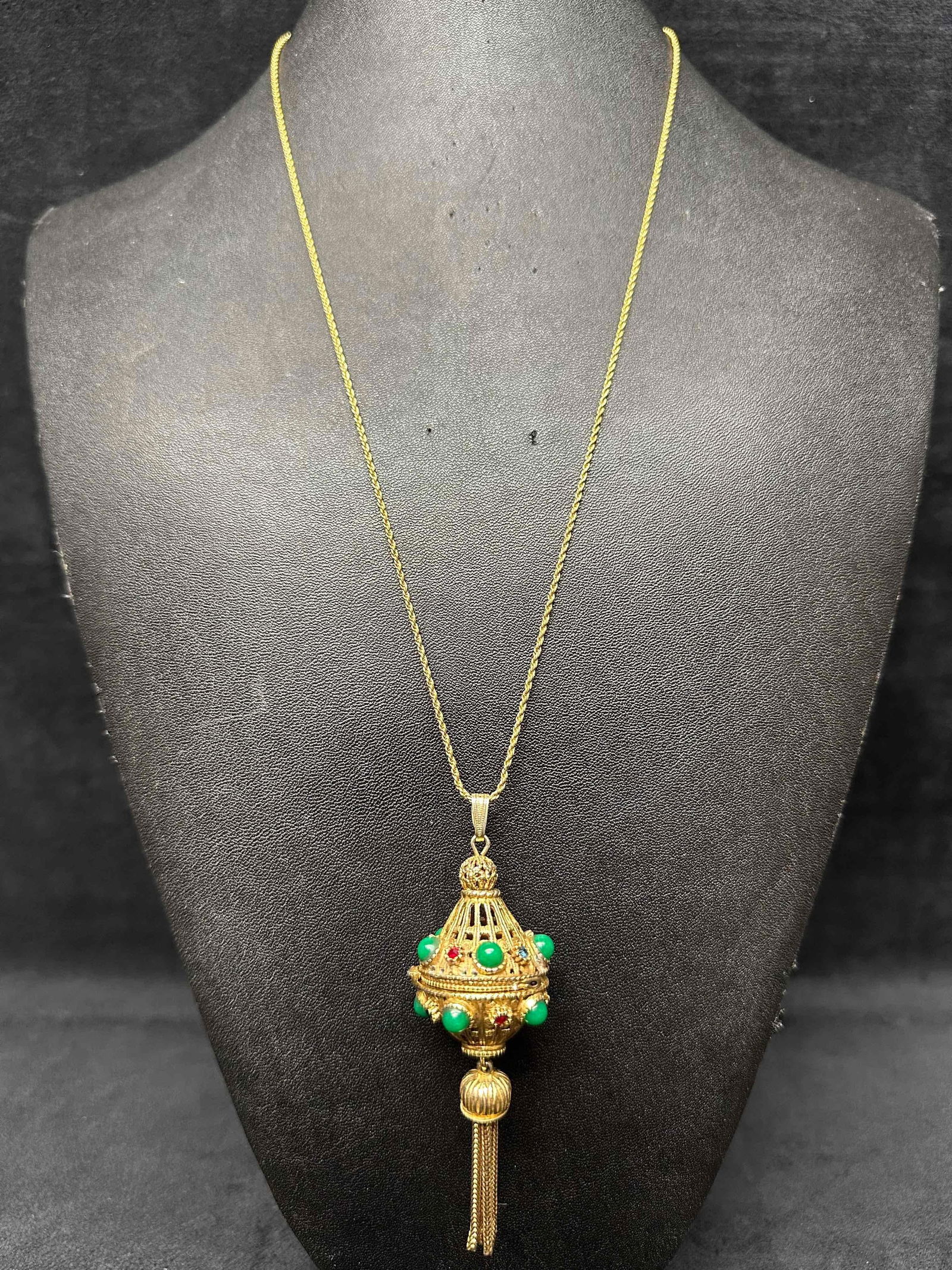 Florenza Rhinestone Gold Tone Necklace Signed Tassel Pendant Locket Chain (1 of 9)