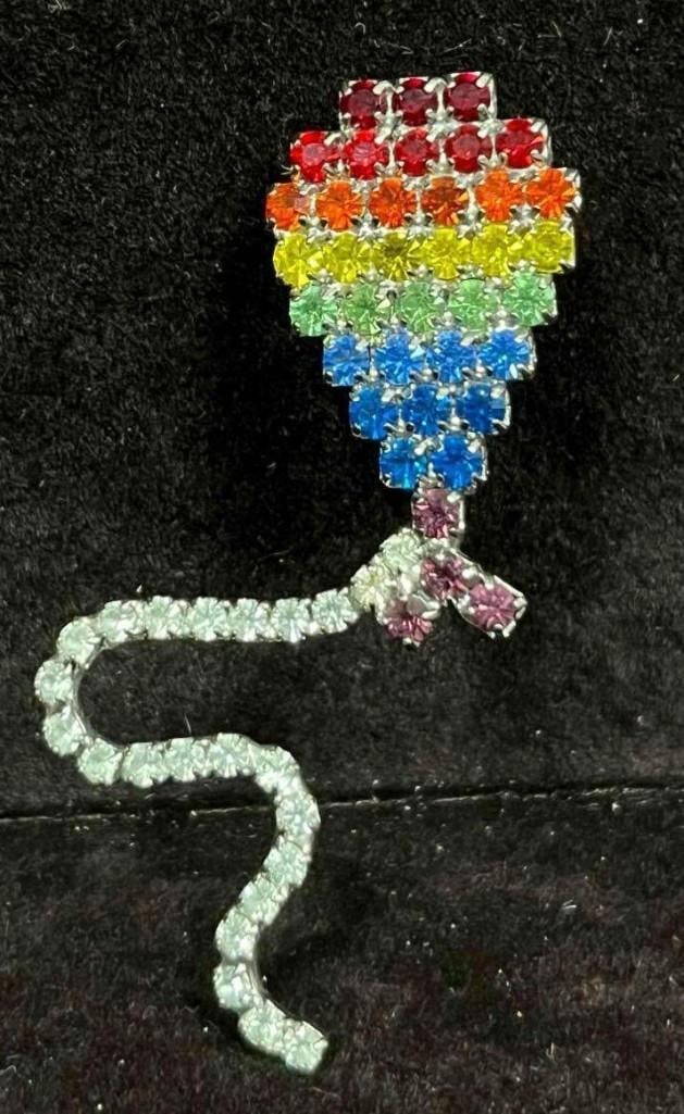 Signed Bauer Hot Air Balloon Brooch Rainbow Rhinestones (1 of 9)
