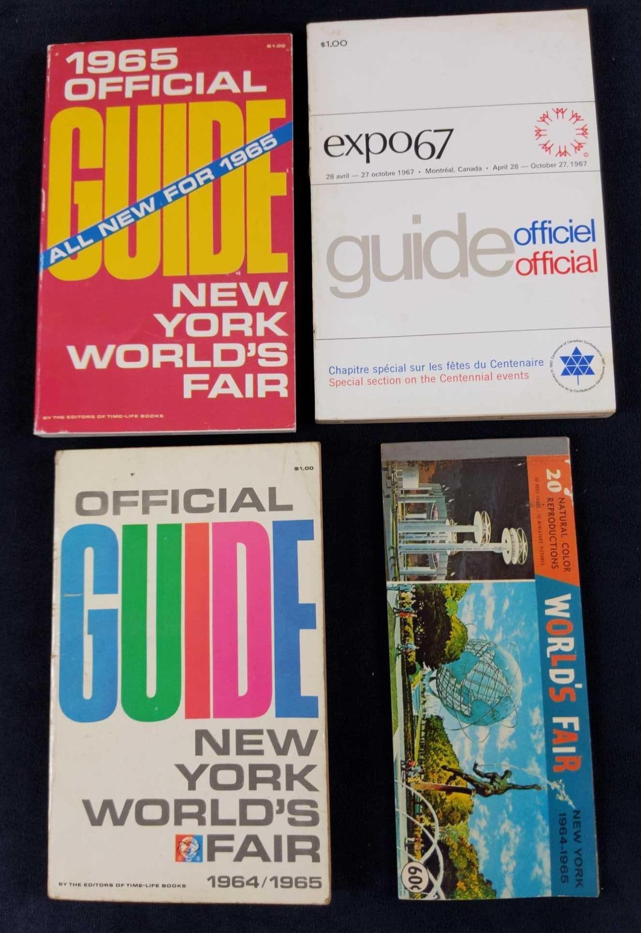 Vintage Worlds Fair Guidebooks And Postcards: This lot includes: (1) 1965 Official Guide -All New For 1965- New York World's Fair. (1) Official Guide New York World's Fair 1964/1965. (1) Guide To The Official Expo 67. (1) 20 Natural Color Reprodu