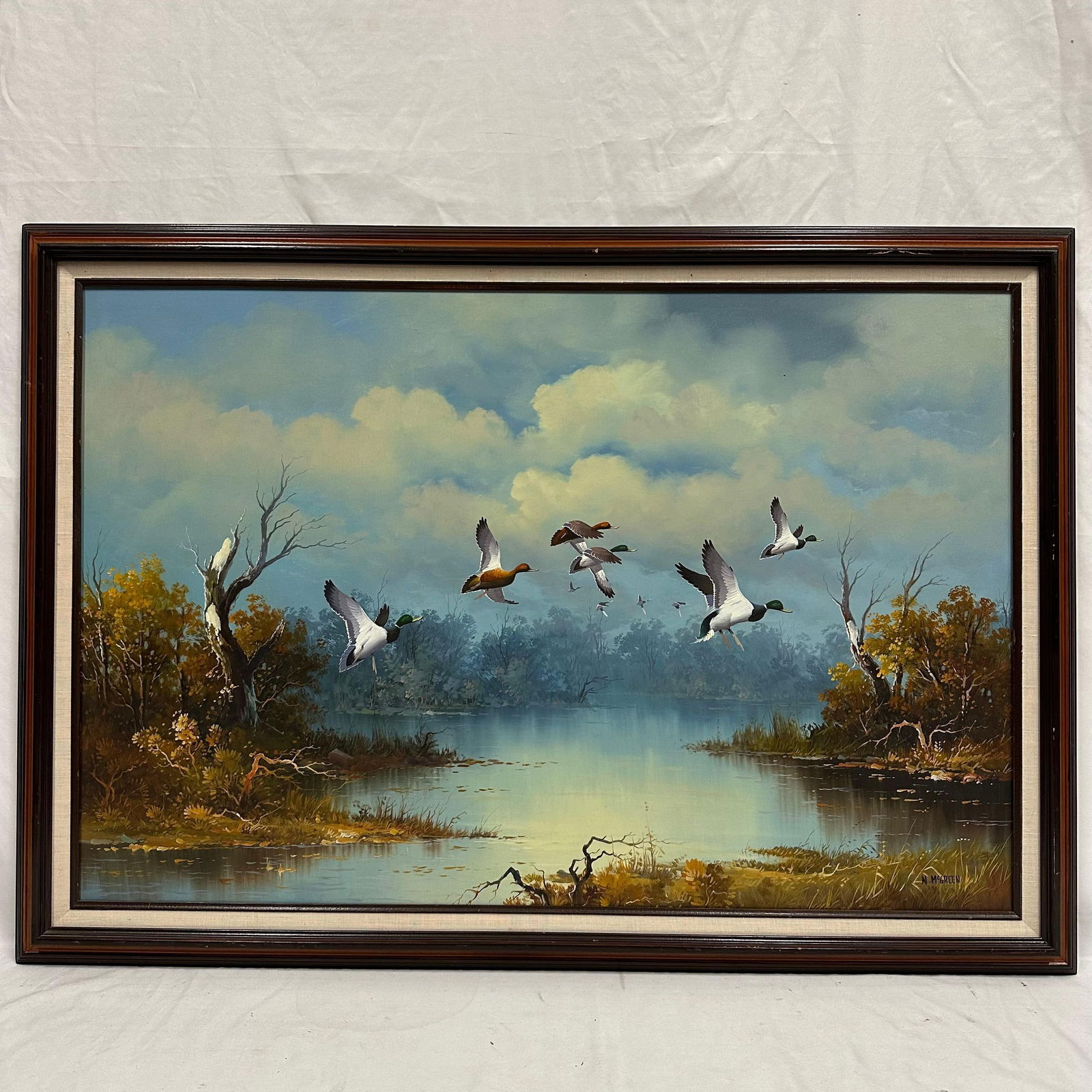 Large Framed Oil Painting Ducks in Flight Over Lake Marshland Signed N. McGreen Wildlife Art (1 of 8)