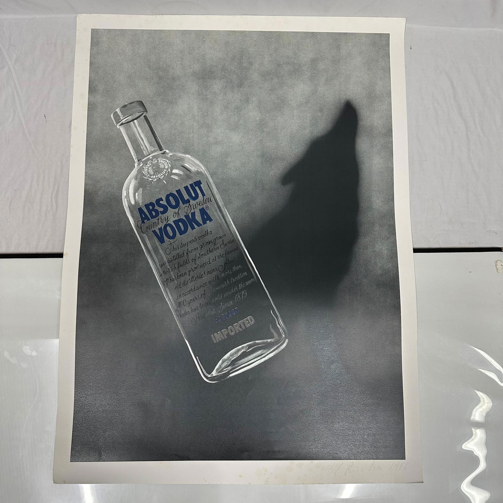 Signed Ed Ruscha Absolut Vodka 1988 Print Lithograph: Signed by Ed Ruscha Absolut Vodka Print. While the print is not numbered, only 200 of these prints were released. The print is signed and dated by the artist on the bottom right. This item is in pre-o