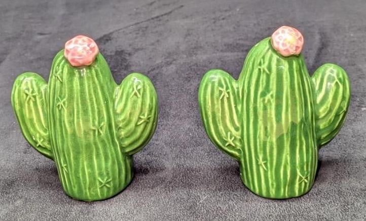 Treasure Craft Ceramic Cactus In Bloom Salt & Pepper Shakers: Treasure Craft Ceramic Cactus In Bloom Salt & Pepper Shakers. The shakers are approx 4" x 2 1/4" x 4 1/4" and the total weight is 0.56lb. There are small chips on the flowers.