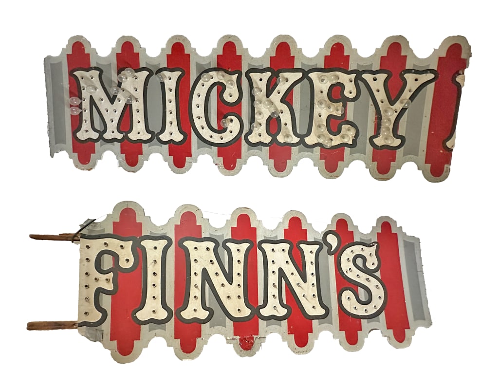 Mickey Finn TV & Stage Show Sign: Mickey Finn TV & Stage Show Sign Hand-built sign used in the Mickey Finn television and stage show. The sign was stored for several years and will need new bulbs and most likely some electrical work t