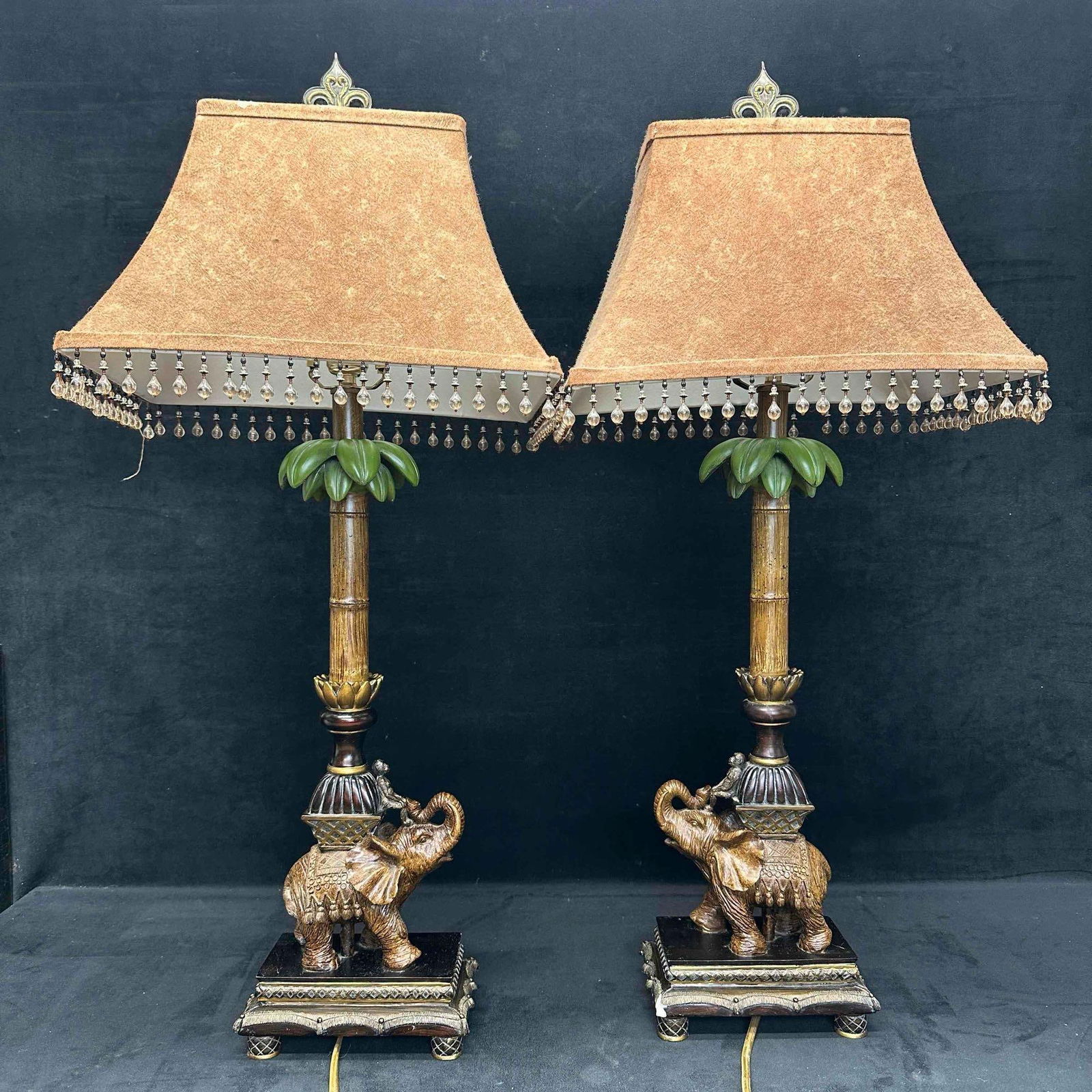 Monkey Riding Elephant Palm Tree Bamboo Candlestick Style Brown Faux Suede Tassel Shade Table Lamps (1 of 15)
