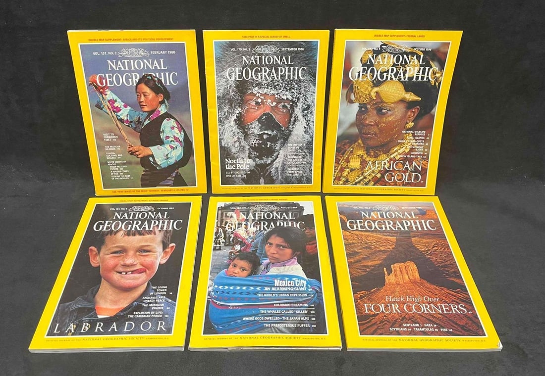 6 National Geographic Magazines from the 80's & 90's: This lot contains 6 National Geographic Magazines from the 80's & 90's. (1) February 1980 - Visit To Forbidden Tibet. (1) August 1984- Mexico City. (1) September 1986 - No