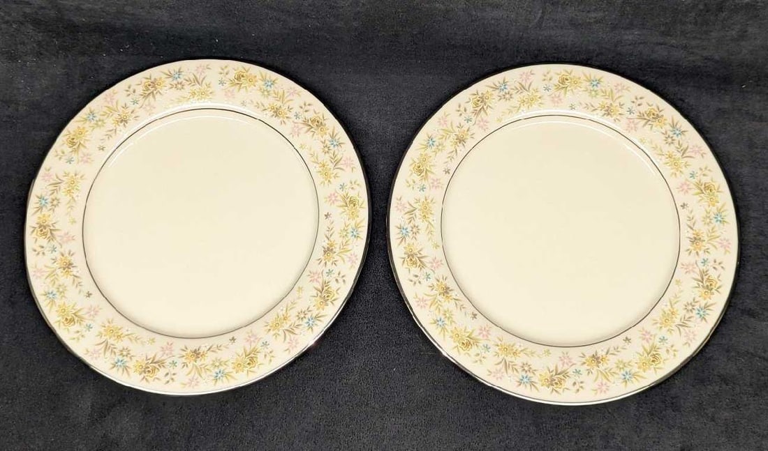 2 Retired Noritake Blossom Time Dinner Plates C: 2 Retired Noritake Blossom Time Dinner Plates C. Each plate is approx 10 3/8" x 10 3/8" x 7/8" and the total weight is 2.66 lbs. The bowls have no chips or cracks. The "Blossom Time" design was