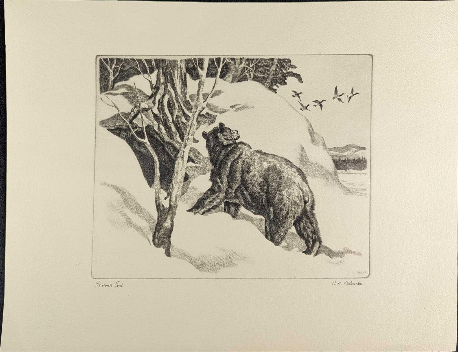 Reinhold Palenske Season's End Drypoint Print: This is an pint reproduced in "Talio-Crome" of an etching by wildlife artist Reinhold Palenske. The print is approx 16" x 12 1/2" and it weighs 0.04lb. The print is in a good, vintage condition