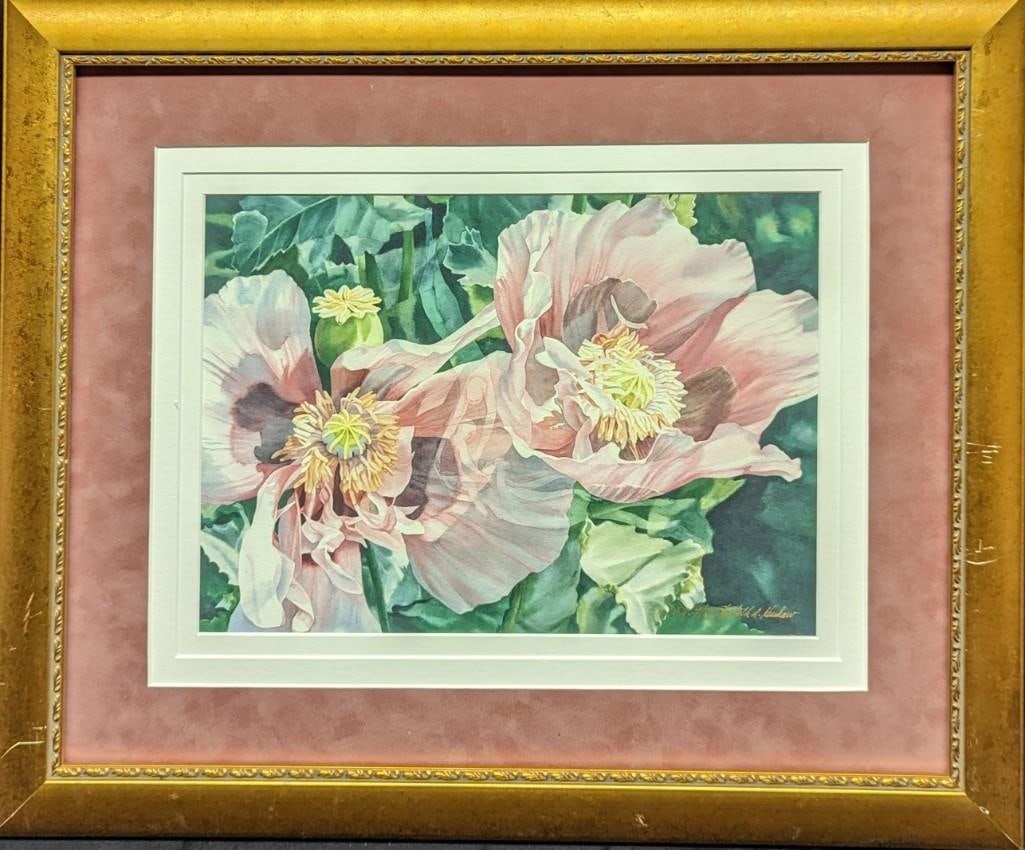 Rebirth Elizabeth Kershaw Print Signed: Print by Elizabeth Kershaw is titled "Rebirth". Epson Untrachrome print signed and numbered 9/10. Considered a small print by artist website. It is triple matted and set in a gold