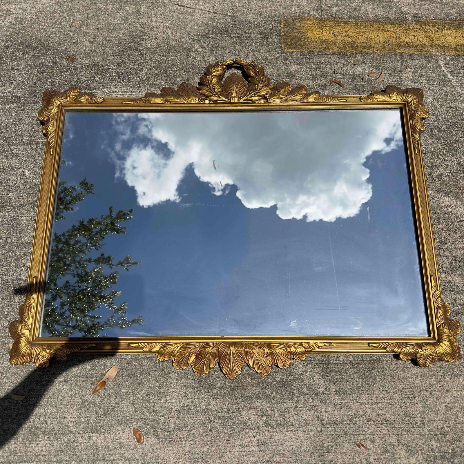 Olive Branch Wreath Design Wall Mirror 42" Wood Resin Frame: Olive Branch Wreath Design Wall Mirror 42" Wood Resin Frame. This mirror features a wooden resin frame mount with an Olive Branch Wreath design at the top as well leaf design in the corners and th