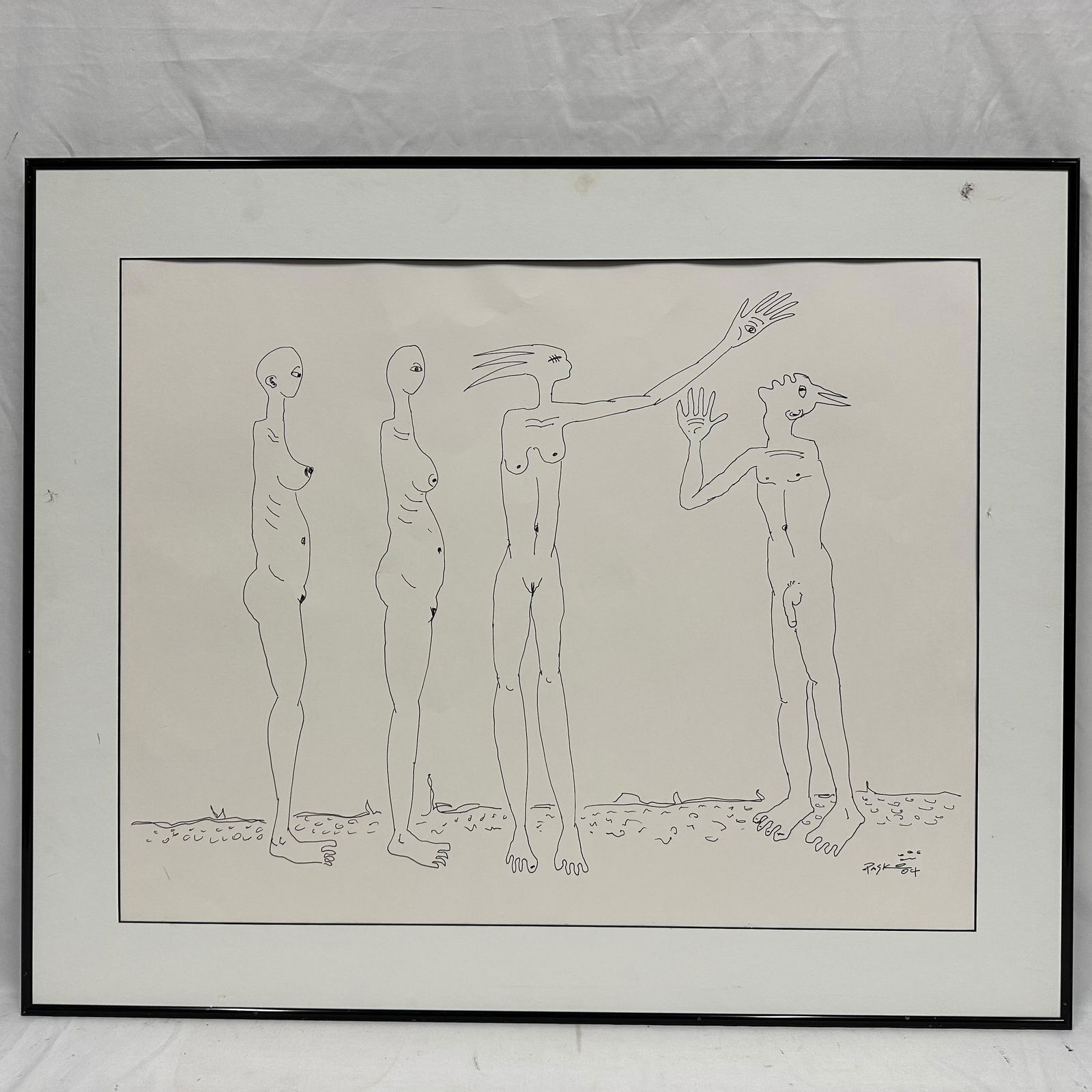 Framed Minimalist Surreal Nude Line Figures Drawing Signed Pask: Medium surrealist ink drawing on paper depicting four abstract nude figures with exaggerated features and symbolic hand-eye motifs. Signed Pask ’04 in the lower right. Presented in a black metal