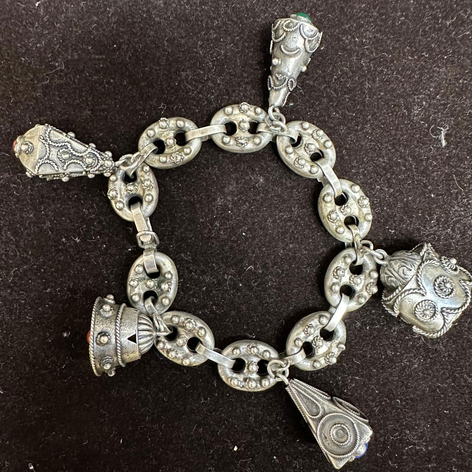 Etruscan Revival 800 Silver Mariner Link Stone Charm Bracelet K82 (1 of 7)