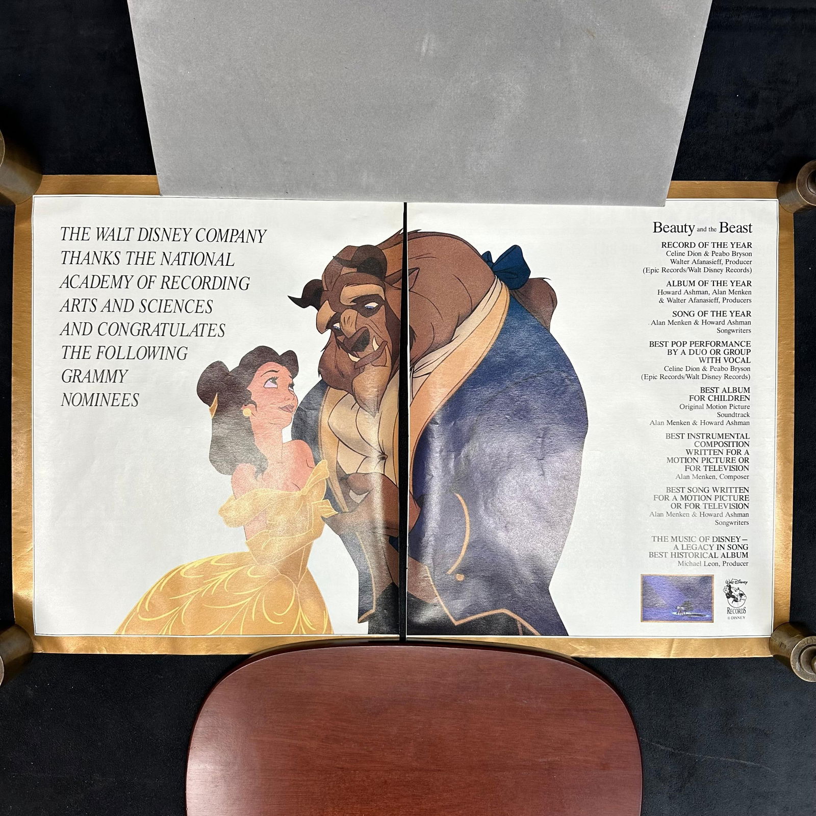 Disney Beauty and the Beast Grammy Nomination Billboard Magazine Insert Pages January 23, 1993: Original magazine insert from Billboard dated January 23, 1993, celebrating Walt Disney’s Beauty and the Beast Grammy nominations. The two-page spread features Belle and Beast in full-color artwork