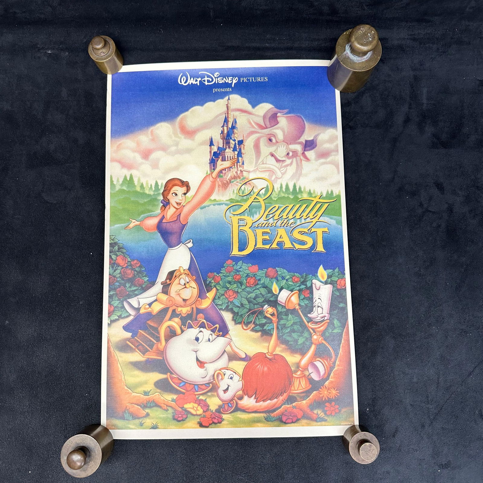 Walt Disney Beauty and the Beast Vintage Promotional Poster 1991 Original Release: Original promotional poster for Walt Disney Pictures’ Beauty and the Beast (1991), featuring Belle, Beast, and beloved enchanted characters including Lumiere, Cogsworth, Mrs. Potts, and Chip. Beauti