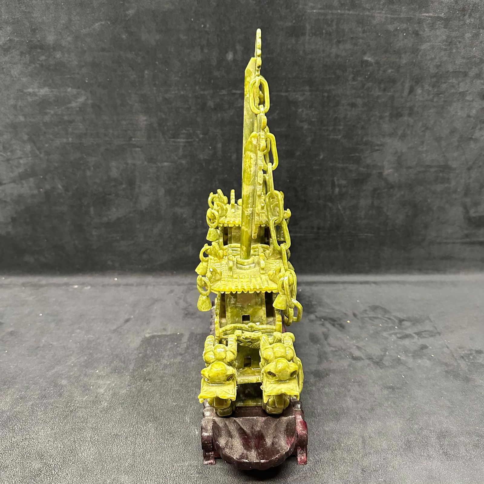 Faux Jade Fine Carved Resin Green Dragon Boat Ship Decorative Figure Wood Base - 3