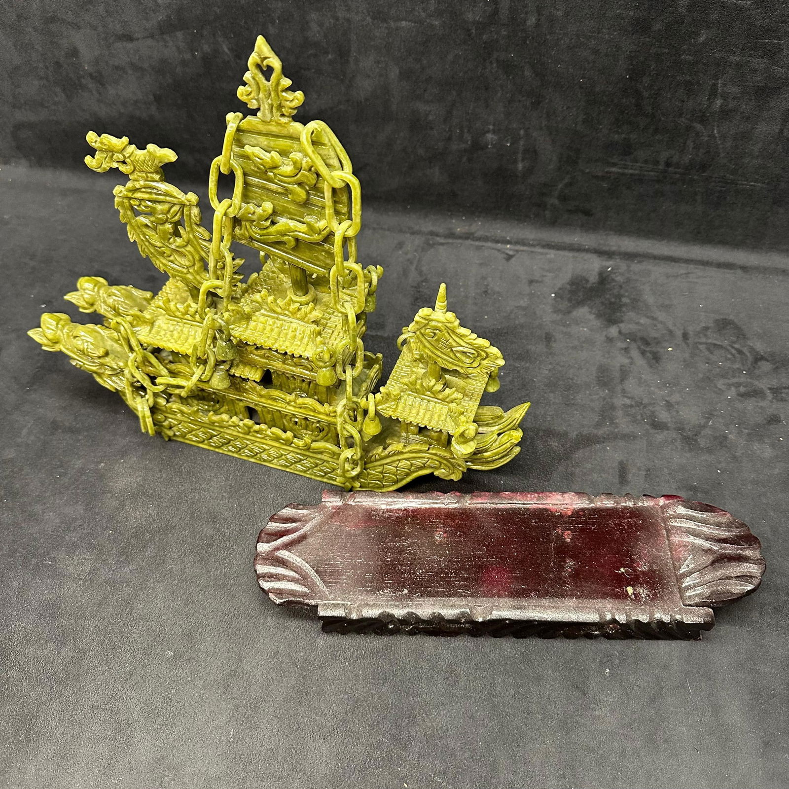 Faux Jade Fine Carved Resin Green Dragon Boat Ship Decorative Figure Wood Base - 5