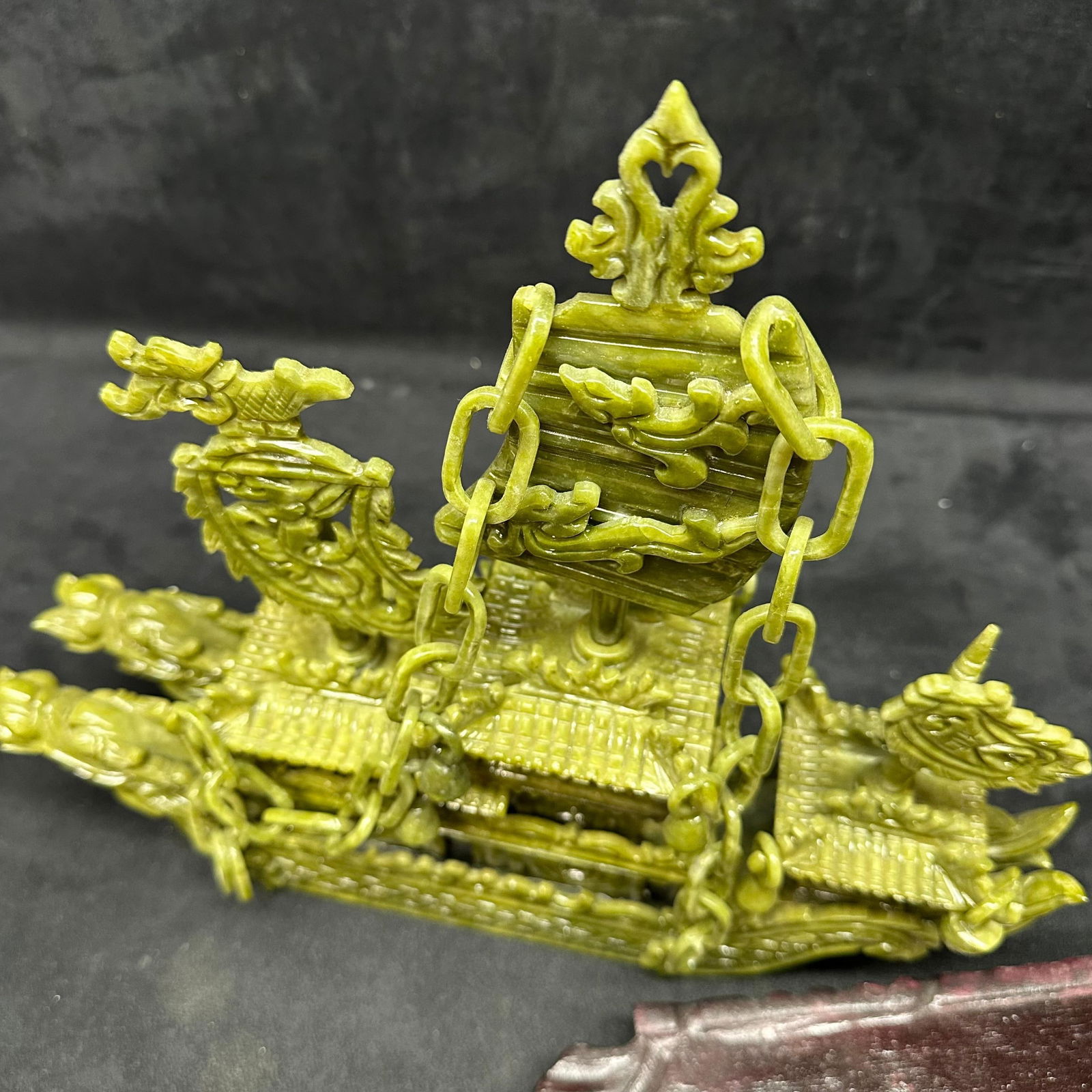 Faux Jade Fine Carved Resin Green Dragon Boat Ship Decorative Figure Wood Base - 6