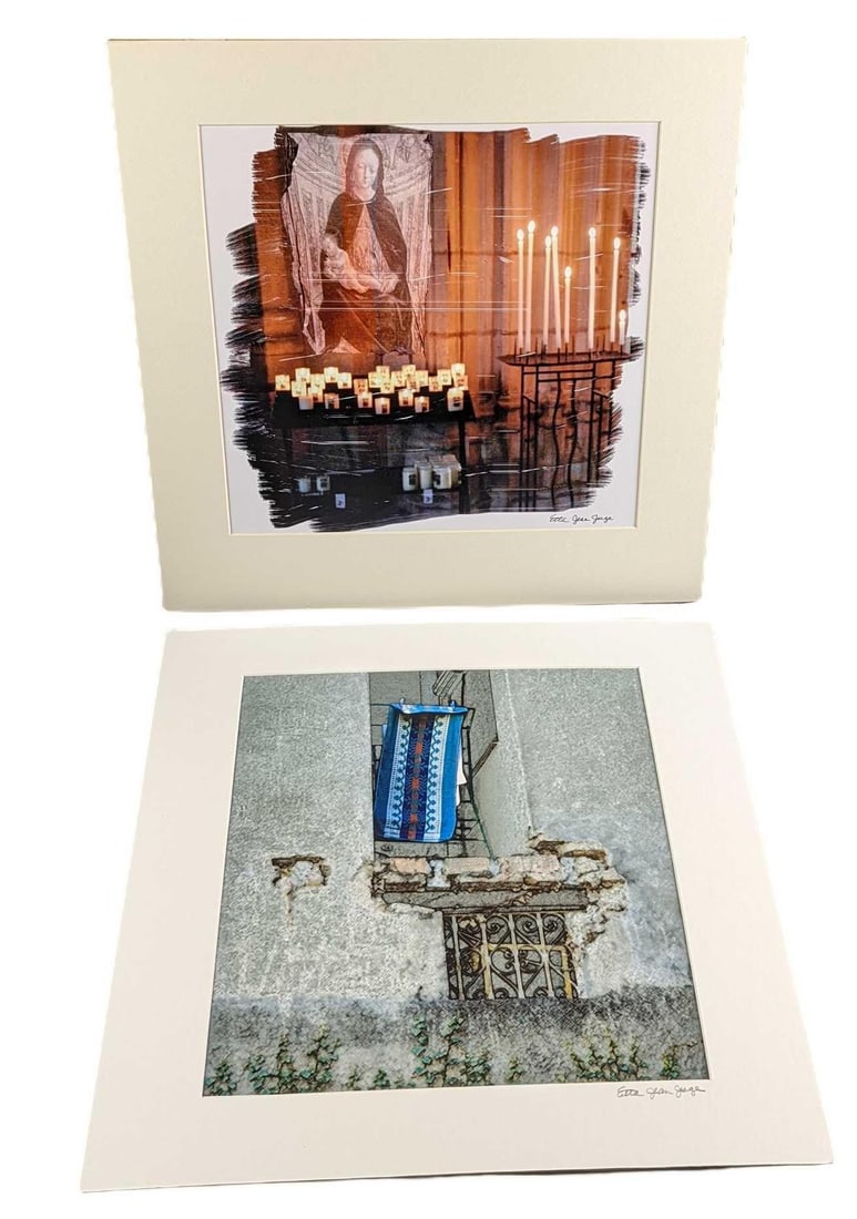 2 Matted Etta Jean Juge Photos Mary & Christ & Ledge: This lot includes: ?????(1) "Ancient Wall". This is approx 16" x 16". The photo is approx 11" x 12". There are some creased corners on the matting. (1) "Votive Candles"