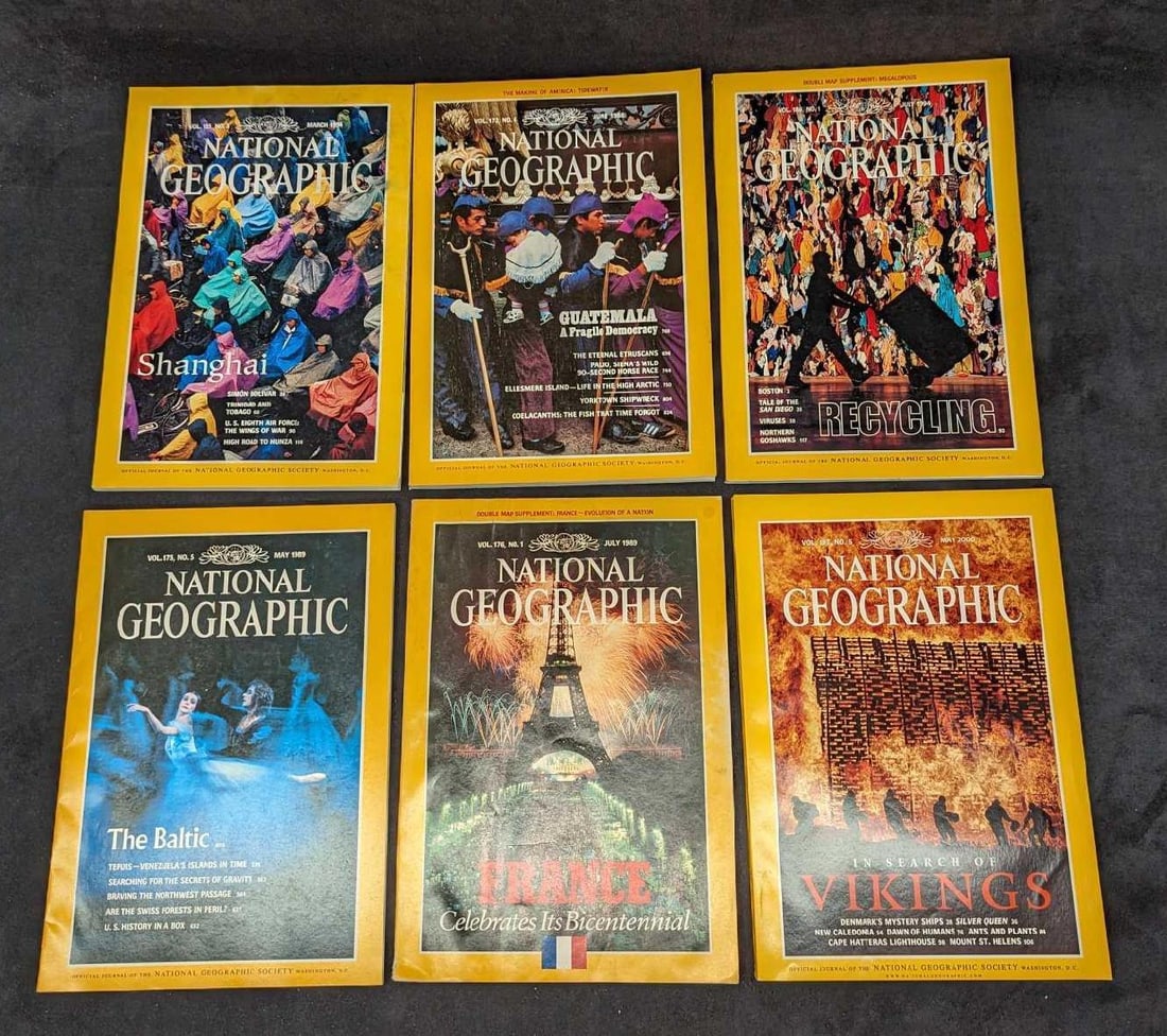 6 1980s 1990s 2000s National Geographic Magazines NGC: 6 1980s 1990s National Geographic Magazines NGC. This lot includes: (1) June 1988 - Guatemala - A Fragile Democracy. (1) July 1994 - Recycling. (1) March 1994 - Shanghai.