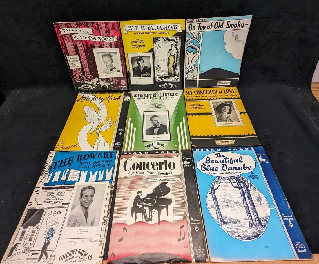 9 Vintage Classic Sheet Music On Top Of Old Smoky: 9 Vintage Classic Sheet Music On Top Of Old Smoky. This lot includes: (1) The Bowery. This was copyrighted in 1935. The pages and covers are loose. (1) Concerto - Bb Minor Tschaikowsky. This was copy