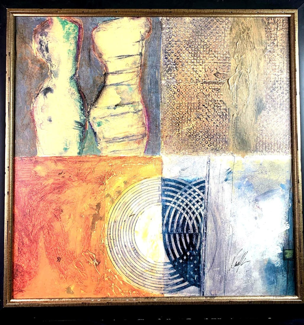 Large Abstract Print on Canvas 4 Scenes Figures And Circles: Large Abstract Print On Canvas.Lovely bright canvas print with raised paint throughout print.Condition: Excellent. No visible tears, marks or stains on print. Frame has minor markings, please see