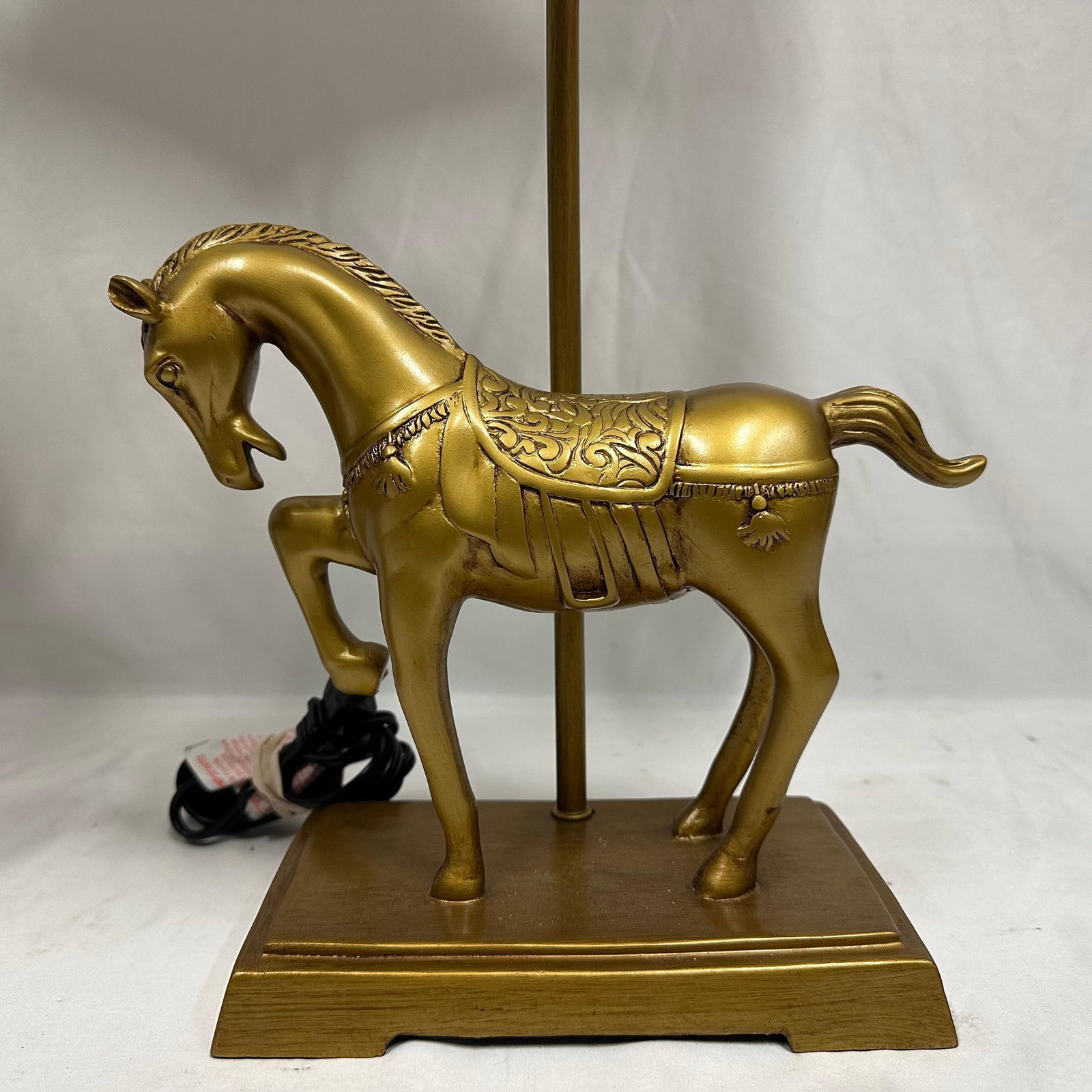 Gold Resin Horse Motif Table Lamps with White Drum Shades (1 of 8)