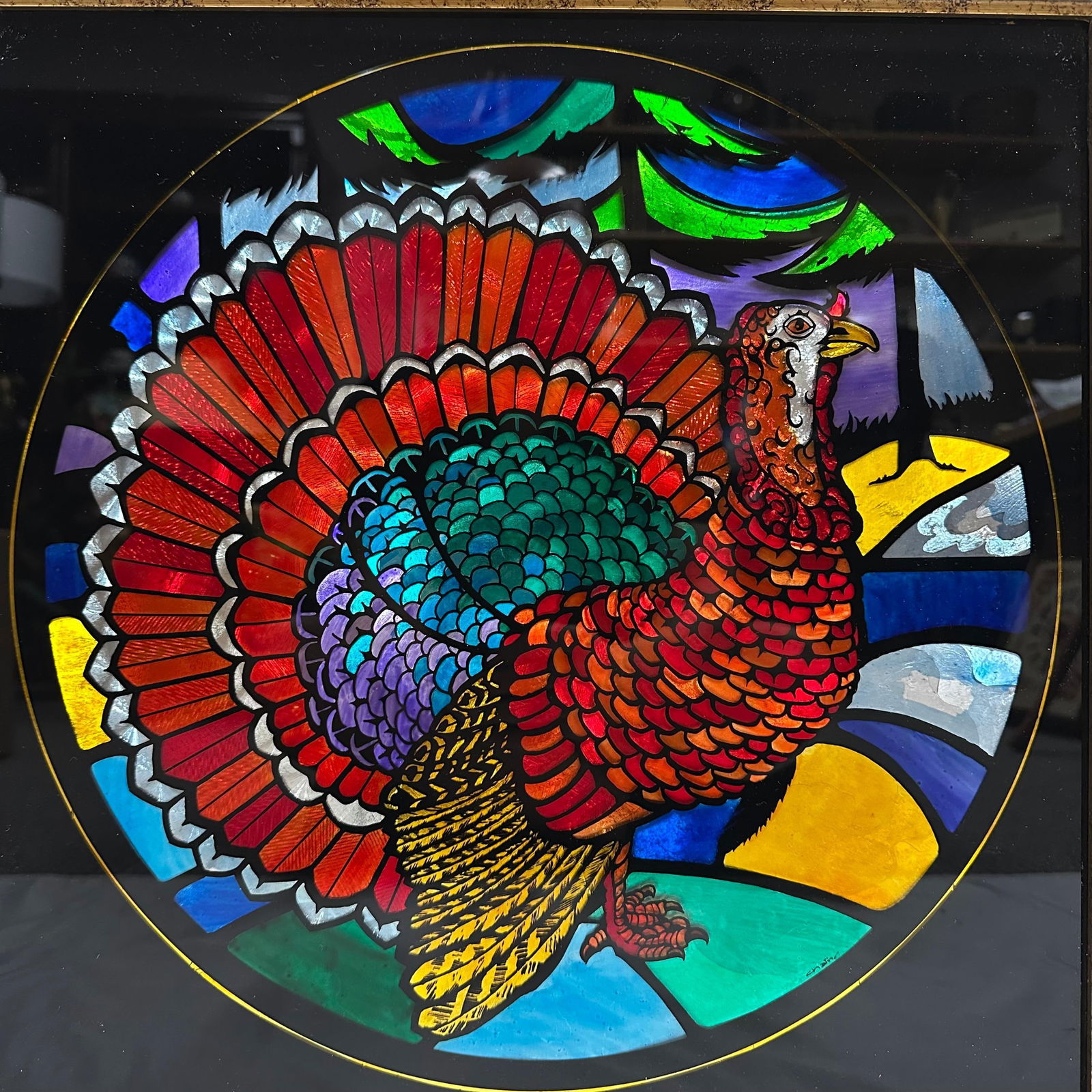 Framed Stained Glass Turkey Panel Colorful Leaded Glass Artwork (1 of 6)