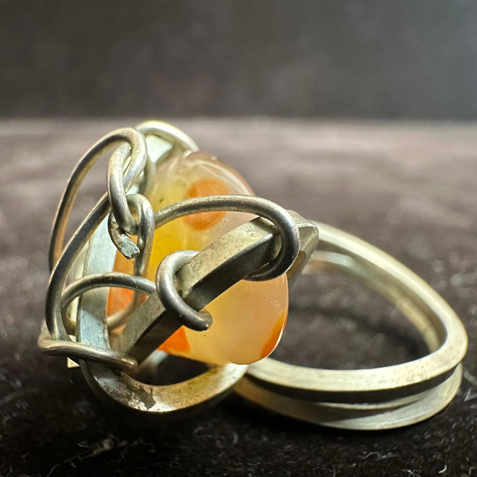 Silverwork Wired Crafted Orange Agate Stone Setting Silver Ring - 15