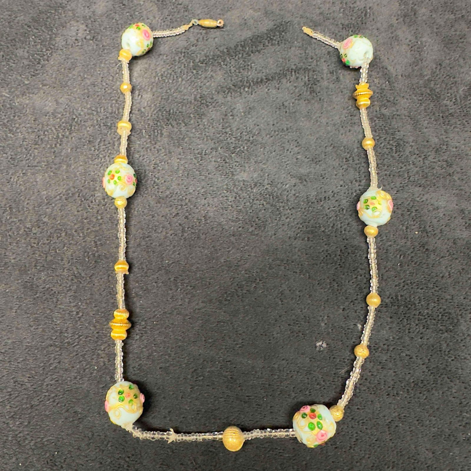Murano Venetian Lamp Work Art Glass Light Blue Bead Floral Small Beaded Necklace Broken G9: Murano Venetian Lamp Work Art Glass Light Blue Bead Floral Small Beaded Necklace Broken G9. Necklace with light blue colored glass beads with beautiful designs on each. The necklace is broken loose on
