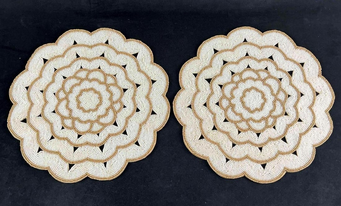 Hand Beaded Place Setting: Hand Beaded Place Setting Pictured are beautiful hand-beaded plate settings. These place settings have iridescent white beads with light brown beads. These place settings are in good condition with sl