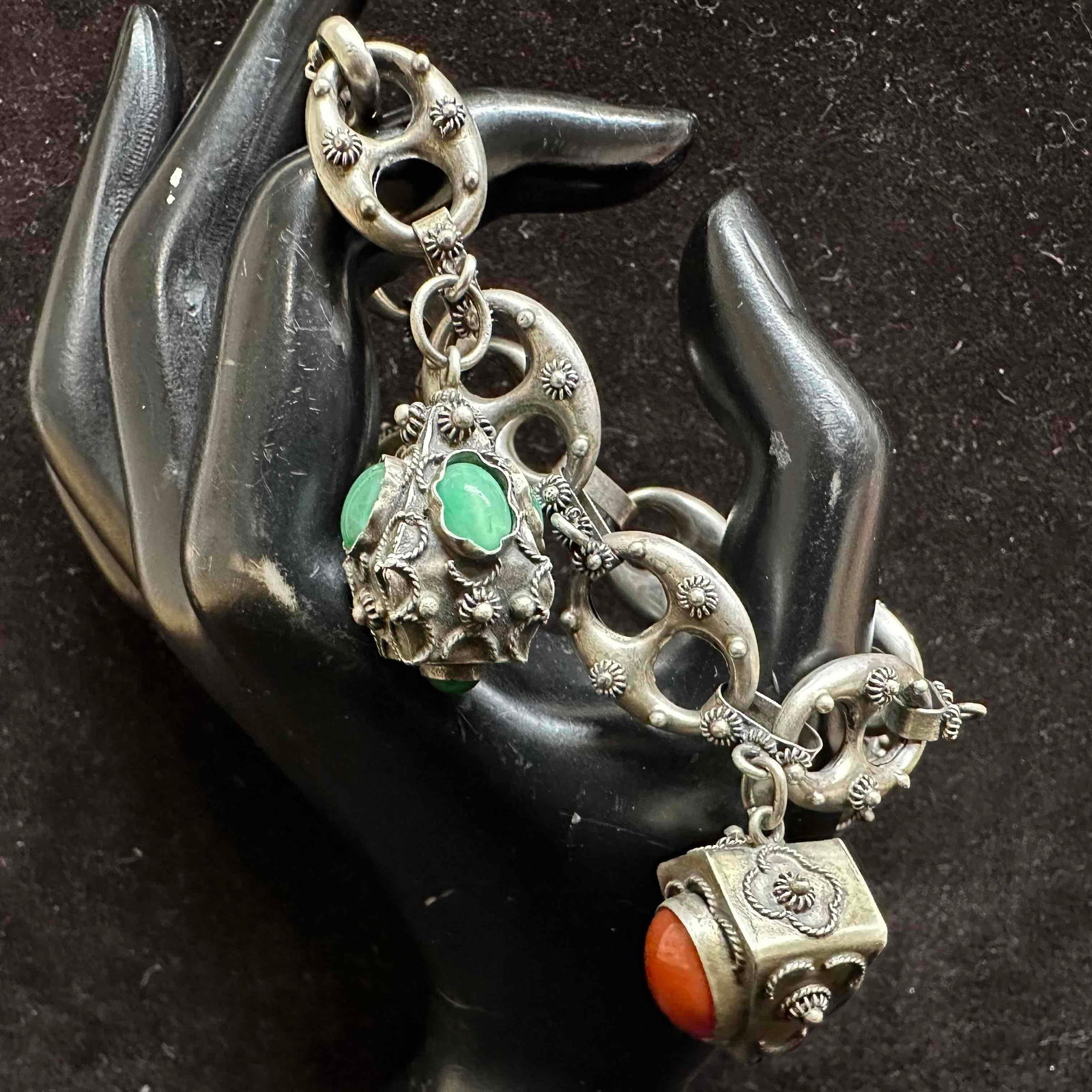Puff Mariner Chain Link Etruscan Revival Style 800 Silver Gemstone Four Charm Bracelet H95: This item is in good pre-owned, previously used/displayed condition with noticeable light wear, and surface scratches. Please reference all photos for full details. This piece of jewelry has been