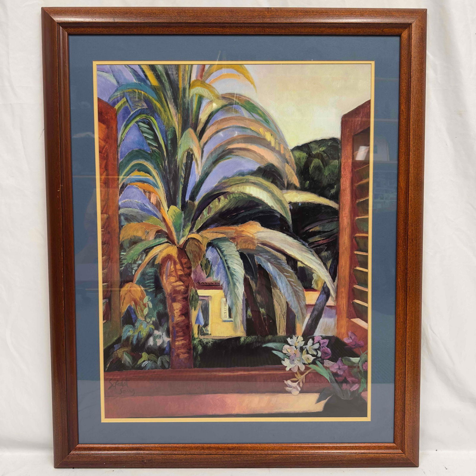 Soledat Sans Art La Palmera Palm Tree Tropical Art Scene Print Framed: Soledat Sans Art La Palmera Palm Tree Tropical Art Scene Print Framed. Light white marks on the top portion of the frame, light minor scratches on the wooden frame. This item is in pre-owned, previous
