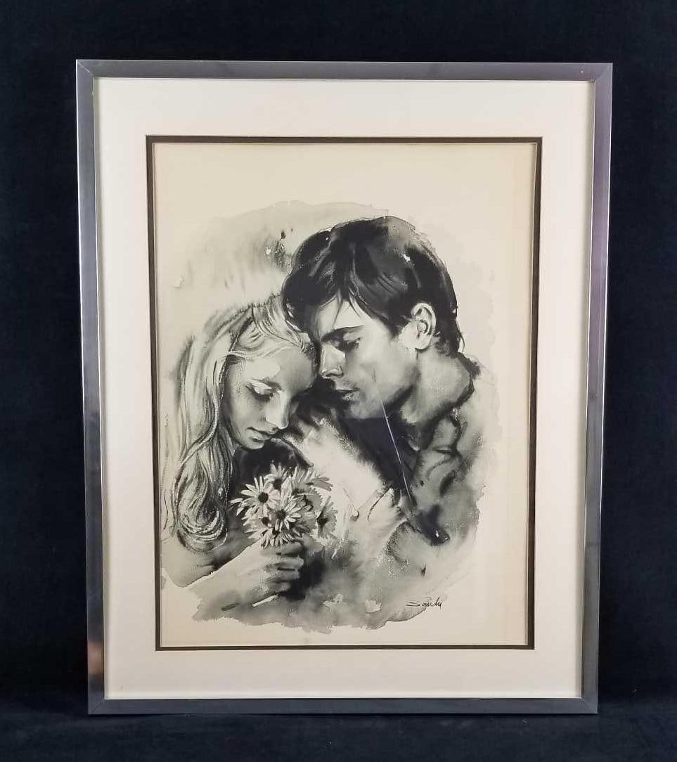 Sandu Liberman Lithograph Young Lovers: Sandu Liberman's "Young Lovers" lithograph is in good vintage condition. Artwork is double matted and in a metal frame. The art work has come lose from the matting. There is stain line from top to bot