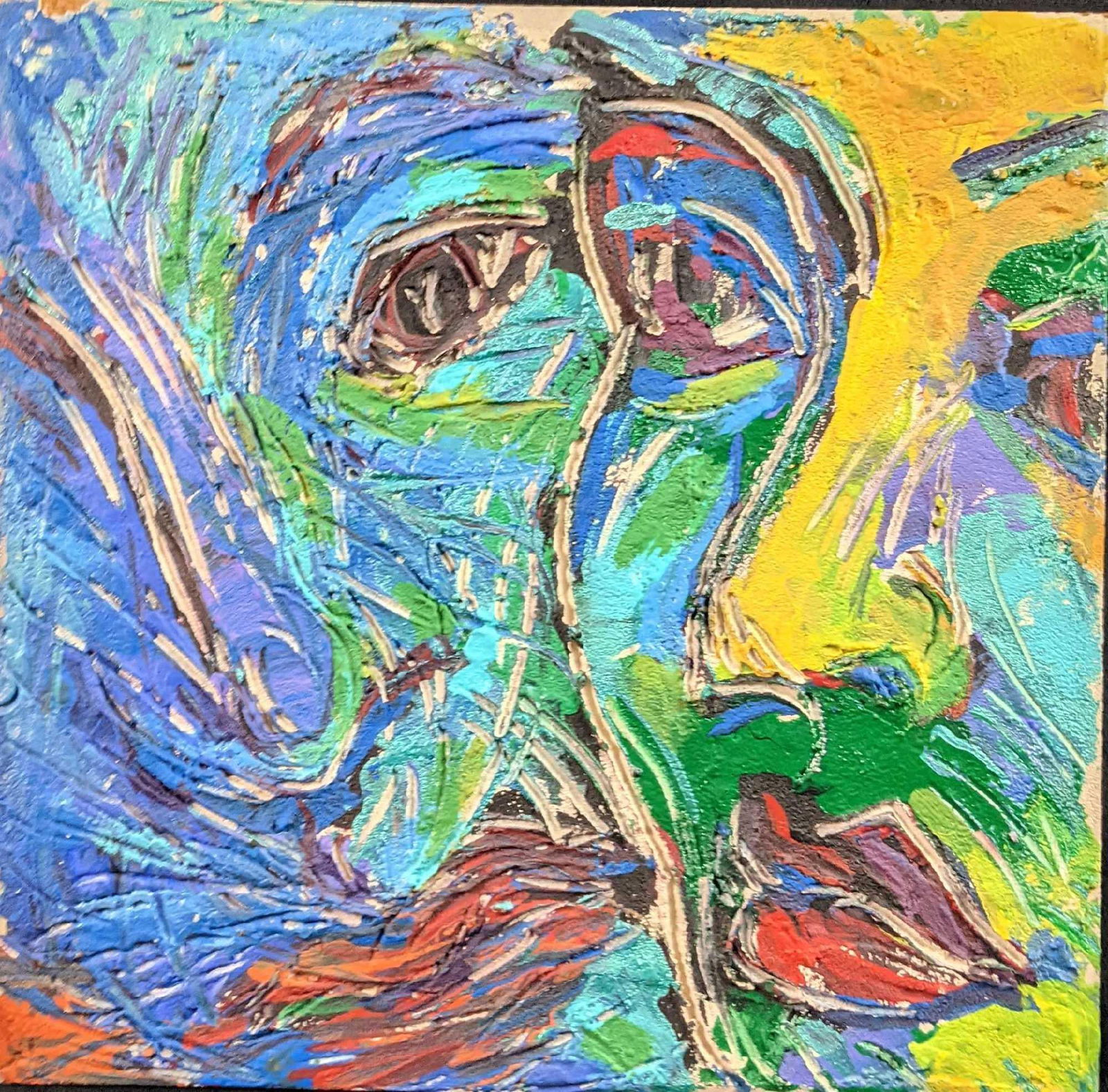 Joulia Vitaliy Carved Fresco on Masonite: Joulia Vitaliy Carved Fresco on Masonite of a closeup of two women sharing secrets. Is approx 12" x 11 1/2". Is in a good, used condition with some sticker residue on the back and a chip on th