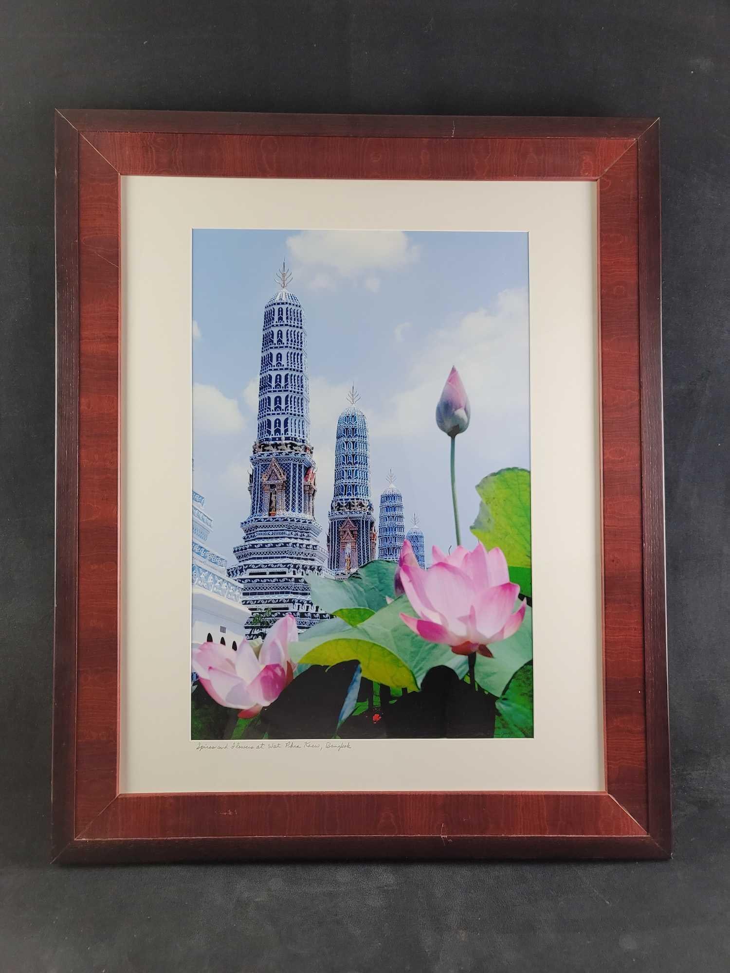 Bangkok Tower Flower By Etta Jean Juge: This photograph was taken by Etta Jean Juge in Bangkok. It is titled Spires & Flowers, Wat Phra Kaew." It is framed and matted ready to hang. In good condition, with some scuff marks on the fr