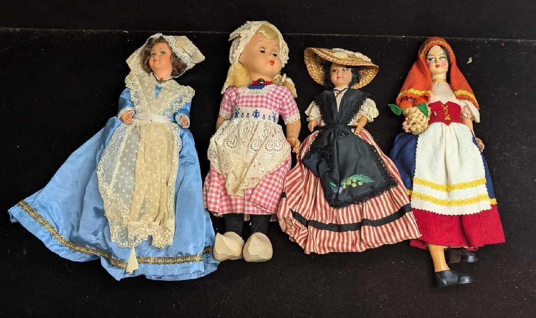 Vintage Dutch French Italian Blue & White Dolls: Vintage Dutch French Italian Blue & White Dolls. This lot includes: (1) Blue & White Dress With Cross Doll. This is approx 4 1/2" x 2 1/2" x 11". The head is still attached, but s