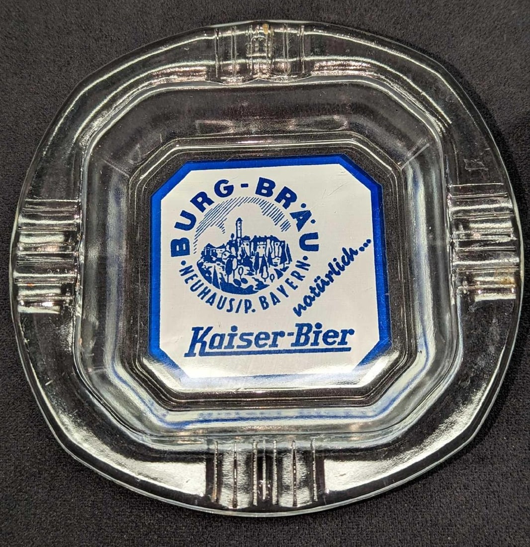 Vintage Glass Burg Brau Kaiser Bier Ashtray: Vintage Glass Burg Brau Kaiser Bier Ashtray. The ashtray is approx 6 1/2" x 6 1/2" x 1" and it weighs 0.89lb. The ashtray has some markings from use and age. 