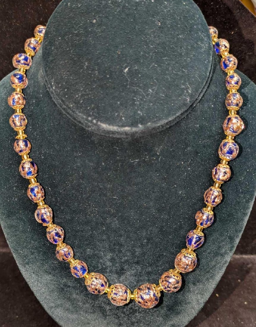 Vintage Italian Murano Cobalt And Gold Color Art Glass Bead Necklace N. (1 of 4)